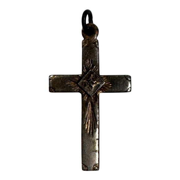 Antique Silver Cross Pendant Etched Diamond Detailed Engraving Religious Jewelry - Picture 1 of 5